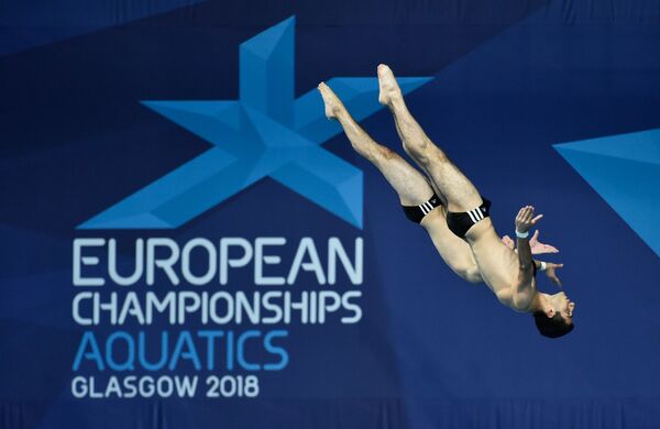 Чемпионат Европы по водным видам спорта 2018. Прыжки в воду. Финал синхронных прыжков, мужчины, 10 метров. Владимир Арутюнян и Лев Саркисян, Армения (9 августа 2018). Эдинбург Чемпионат Европы по водным видам спорта 2018. Прыжки в воду. Финал синхронных прыжков, мужчины, 10 метров. Владимир Арутюнян и Лев Саркисян, Армения (9 августа 2018). Эдинбург - Sputnik Արմենիա