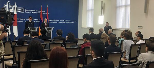 Совместная пресс-конференция глав МИД Армении и Японии Зограба Мнацаканяна и Таро Коно (3 сентября 2018). Еревaн - Sputnik Армения