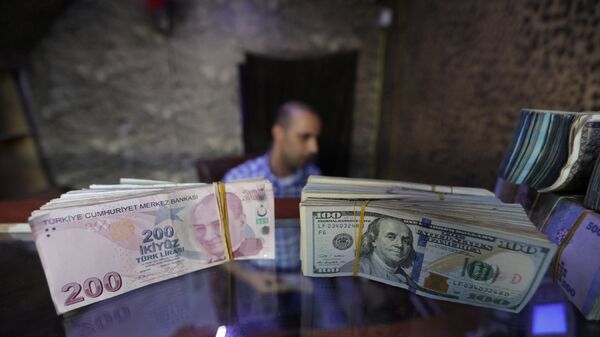 Турецкие лиры и доллары США в пункте обмена валюты - Sputnik Армения
