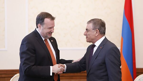 Встреча спикера Парламента Ара Баблояна с чрезвычайным и полномочным послом США  в Армении Ричардом Милзом (8 октября 2018). Еревaн - Sputnik Армения