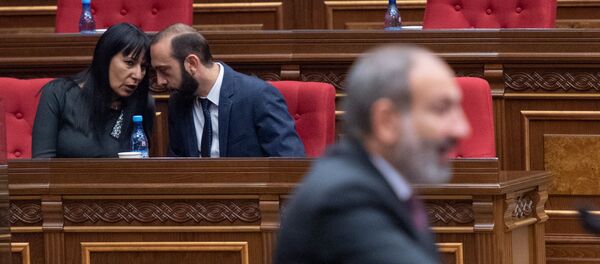 Врио первого вице-премьера Арарат Мирзоян и депутат от фракции Царукян Наира Зограбян на внеочередном заседании Парламента Армении (24 октября 2018). Еревaн - Sputnik Армения