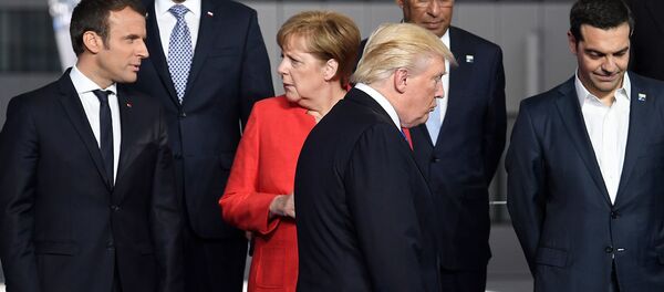 Лидеры Франции Эммануэль Макрон, Германии Ангела Меркель, США Дональд Трамп и Греции Алексис Ципрас на саммите НАТО (25 мая 2017). Брюссель, Бельгия - Sputnik Армения