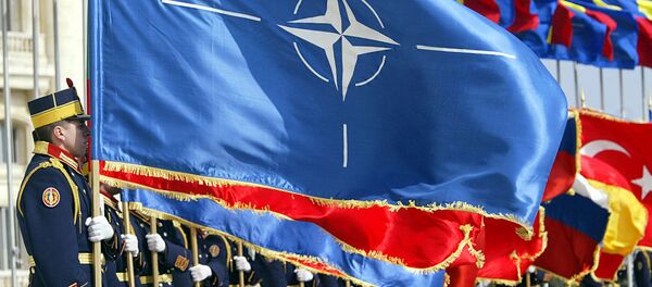 Солдаты румынской армии из гвардейского полка держат флаги стран-членов НАТО во время церемонии поднятия флага НАТО (2 апреля 2004). Бухарест Солдаты румынской армии из гвардейского полка держат флаги стран-членов НАТО во время церемонии поднятия флага НАТО (2 апреля 2004). Бухарест - Sputnik Армения