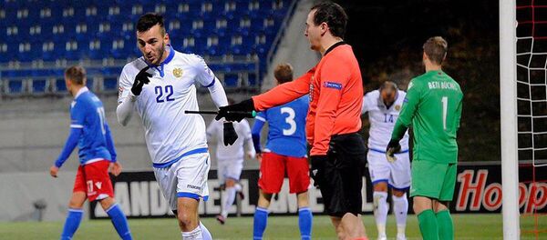 Саргис Адамян после гола в футбольном матче Лиги Наций УЕФА между сборными Лихтенштейна и Армении (19 ноября 2018). Вадуц - Sputnik Արմենիա