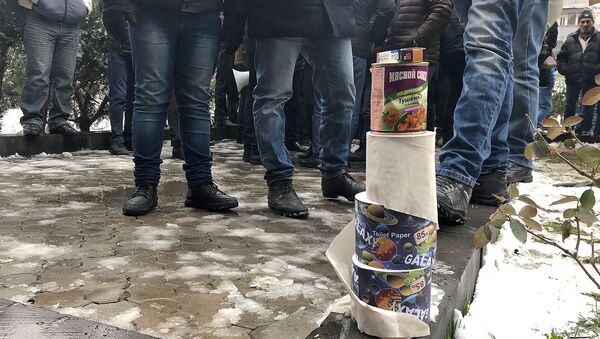 Туалетная бумага, тушенка и медикаменты активистов, требующих ареста Манвела Григоряна перед зданием Апелляционного суда (14 января 2019). Еревaн - Sputnik Армения