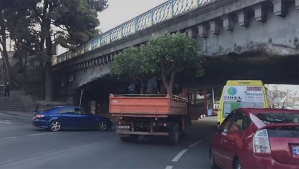 Курьез на дороге - как грузовик с деревом застрял под мостом в Тбилиси - Sputnik Армения