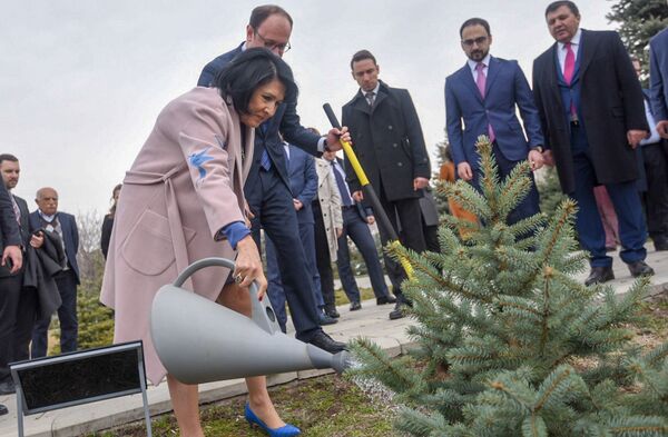 Президент Грузии Саломе Зурабишвили посадила именное дерево на территории мемориального комплекса Цицернакаберд (13 марта 2019). Еревaн - Sputnik Армения