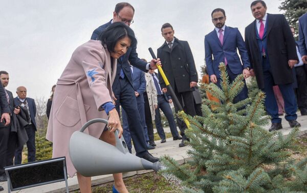 Президент Грузии Саломе Зурабишвили посадила именное дерево на территории мемориального комплекса Цицернакаберд (13 марта 2019). Еревaн - Sputnik Армения
