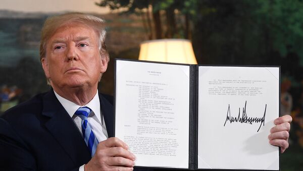 Президент США Дональд Трамп подписывает документ о восстановлении санкций против Ирана после объявления о выходе США из ядерной сделки с Ираном (8 мая 2018). Вашингтон, США - Sputnik Армения