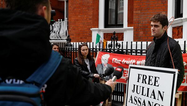Сторонник основателя WikiLeaks Джулиана Ассанжа беседует с журналистами после того, как Ассанж был арестован британской полицией у посольства Эквадора в Великобритании (11 апреля 2019). Лондон - Sputnik Армения