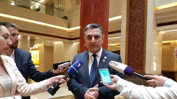 Советник премьер-министра Грачья Ташчян отвечает на вопросы журналистов (14 мая 2019). Пекин - Sputnik Армения