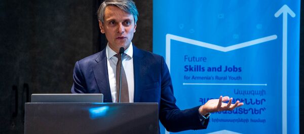 Постоянный представитель UNDP в Армении Дмитрий Марьясин на презентации программы Навыки будущего и рабочие места для молодежи областей (12 июля 2019). Еревaн - Sputnik Армения