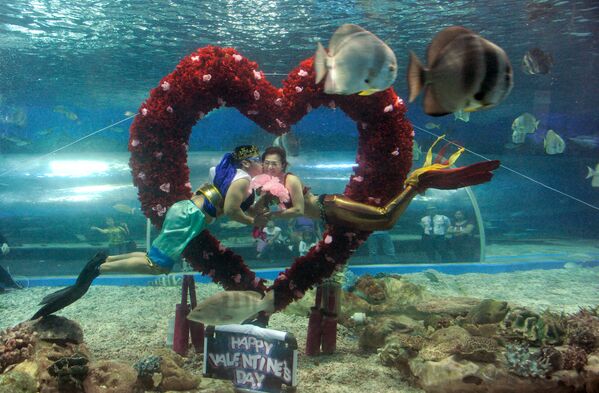 Սուրբ Վալենտինի օրը Ֆիլիպիններում: Պոսեյդոնի ու ջրահարսի տեսքով երիտասարդները ֆիլիպինյան Manila's Ocean Park-ում համբուրվեցին ջրի տակ: - Sputnik Արմենիա