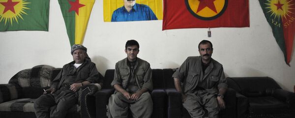 Бойцы Рабочей партии Курдистана под портретом Абдуллы Оджалана - Sputnik Армения