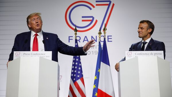 Президенты США и Франции Дональд Трамп и Эммануэль Макрон во время совместной пресс-конференции по итогам саммита G7 (26 августа 2019). Биарриц, Франция - Sputnik Армения