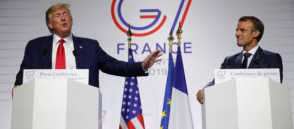 Президенты США и Франции Дональд Трамп и Эммануэль Макрон во время совместной пресс-конференции по итогам саммита G7 (26 августа 2019). Биарриц, Франция Президенты США и Франции Дональд Трамп и Эммануэль Макрон во время совместной пресс-конференции по итогам саммита G7 (26 августа 2019). Биарриц, Франция - Sputnik Армения