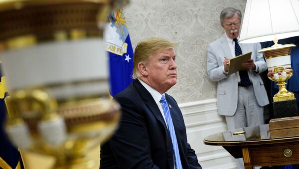 Президент США Дональд Трамп и советник по национальной безопасности Джон Болтон перед встречей с премьер-министром Нидерландов Марком Рютте (2 июля 2018). Вашингтон - Sputnik Արմենիա