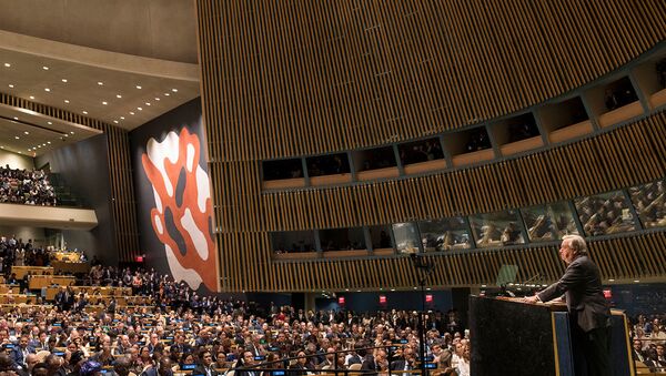 Генсек ООН Антониу Гутерриш на открытии общих прений 74-й Генеральной Ассамблеи ООН (24 сентября 2019). Нью-Йорк - Sputnik Армения
