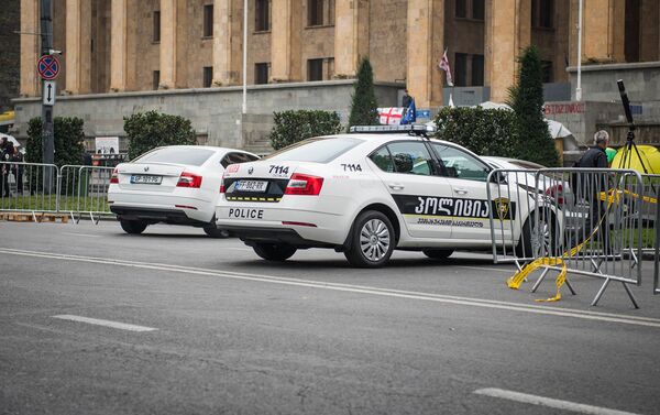 Полицейские автомобили перед зданием парламента Грузии на проспекте Руставели (15 ноября 2019). Тбилиси - Sputnik Армения