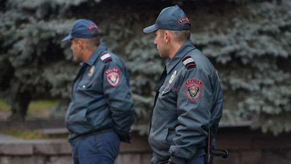 Полицейские перед входом в СНБ во время акции протеста гражданской инициативы Рестарт (25 ноября 2019). Еревaн - Sputnik Армения