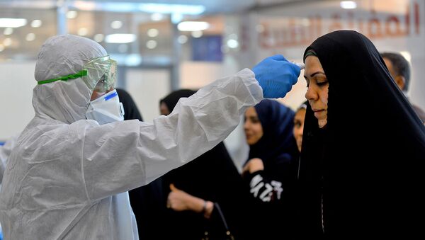 Медицинский персонал проверяет пассажиров в Международном аэропорту Наджаф после того как Иран объявил о случаях заражения коронавирусом в Исламской Республике (21 февраля 2020). - Sputnik Արմենիա