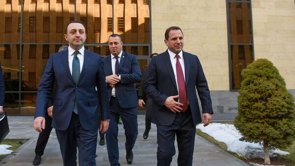 Министры обороны Армении и Грузии Давид Тоноян и Ираклий Гарибашвили после совместной пресс-конференции (27 февраля 2020). Еревaн - Sputnik Армения