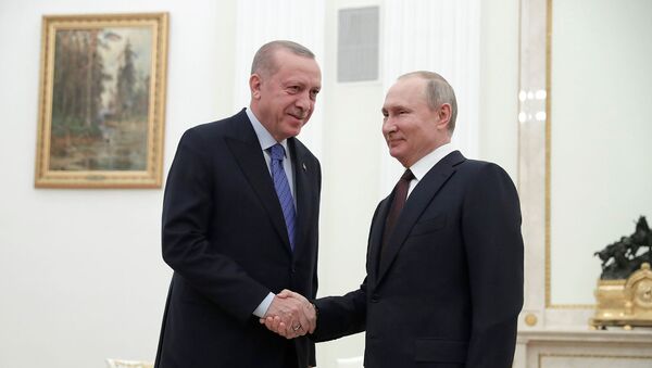 Президент России Владимир Путин и президент Турции Реджеп Тайип Эрдоган во время встречи (5 марта 2020). Москва - Sputnik Армения