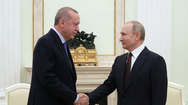  Президент России Владимир Путин и президент Турции Реджеп Тайип Эрдоган во время встречи (5 марта 2020). Москва - Sputnik Армения