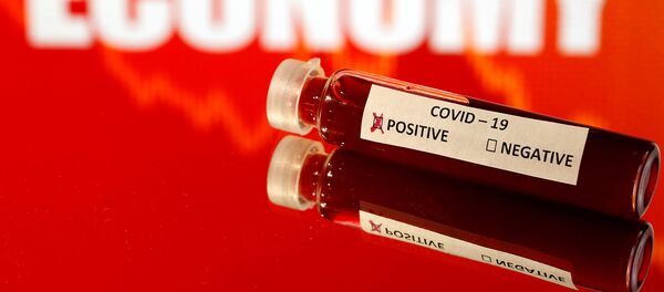 Инсценировка крови в пробирке, помеченной коронавирусом (COVID-19) перед словом экономика Инсценировка крови в пробирке, помеченной коронавирусом (COVID-19) перед словом экономика - Sputnik Արմենիա