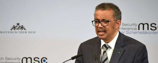 Генеральный директор Всемирной организации здравоохранения (ВОЗ) Тедрос Адханом Гебрейесус выступает на Мюнхенской конференции по безопасности (15 февраля 2020). Мюнхен - Sputnik Армения