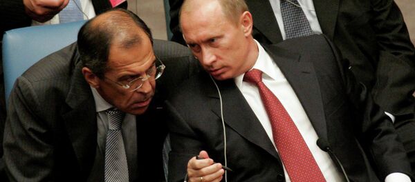 Президент РФ Владимир Путин и министр иностранных дел РФ Сергей Лавров на заседании Совета Безопасности ООН (15 сентября 2005). Нью-Йорк - Sputnik Արմենիա