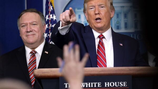 Президент США Дональд Трамп (справа) и госсекретарь Майк Помпео во время брифинга по коронавирусу (20 марта 2020). Вашингтон - Sputnik Армения