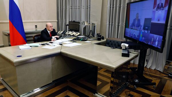 Премьер-министр России Михаил Мишустин во время межправительственного совета ЕЭК (10 апреля 2020). Москвa - Sputnik Արմենիա