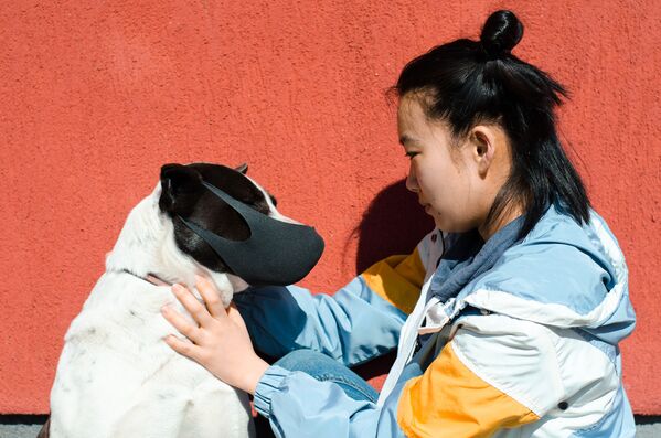 Девушка с собакой в маске во время пандемии коронавируса - Sputnik Армения