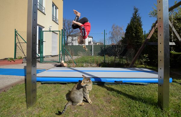 Гимнастка Феня Лоренц во время домашней тренировки на самоизоляции - Sputnik Армения