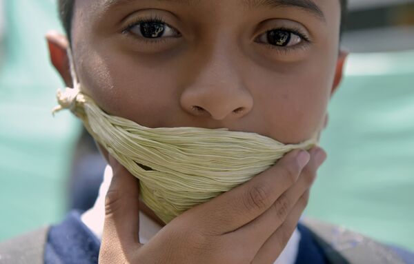 Школьник в маске, изготовленной из вторсырья и биоразлагаемых материалов, из-за нехватки медицинских масок в Колумбии - Sputnik Армения