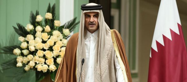 Катарский эмир Шейх Тамим Бен Хамад аль-Тани говорит по телевидению об экономических последствиях новой пандемии коронавируса (24 апреля 2020). Доха - Sputnik Արմենիա