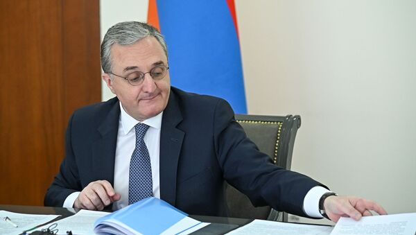 Министр иностранных дел Армении Зограб Мнацаканян на заседании Совета МИД стран членов ОДКБ в формате видеоконференции (26 мая 2020). Еревaн - Sputnik Արմենիա