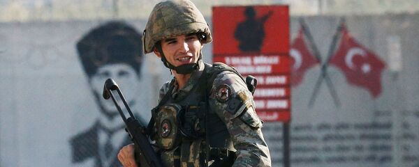 Турецкий солдат стоит на границе с Сирией в Акчакале (9 октября 2019). Провинция Шанлыурфа - Sputnik Армения