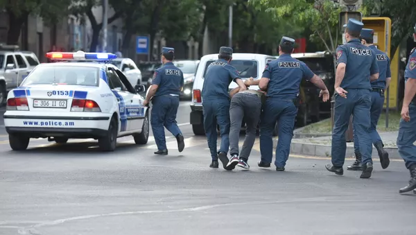 Полиция пытается поддержать порядок у здания СНБ, где собралась толпа в поддержку Гагика Царукяна (14 июня 2020). Еревaн - Sputnik Армения