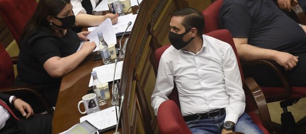 Депутаты Арман Абовян и Ивета Тоноян на заседании Парламента по вопросу лишения Гагика Царукяна депутатской неприкосновенности (16 июня 2020). Еревaн - Sputnik Արմենիա