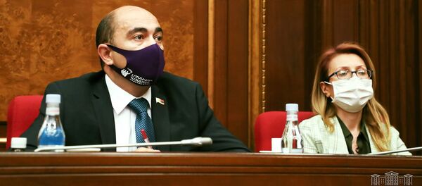 Руководитель фракции Просвещенная Армения Эдмон Марукян и депутат Мане Тандилян на специальном заседании парламента (12 июня 2020). Еревaн - Sputnik Армения