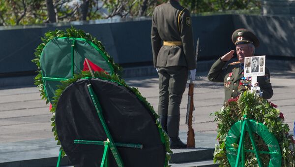 Военный отдает честь погибшим в ВОВ у Вечного огня в Парке победы  - Sputnik Արմենիա