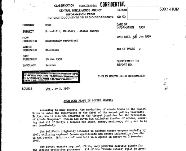 ЦРУ США рассекретило доклад, согласно которому работы по созданию РДС-1 проводились на территории Армении - Sputnik Армения