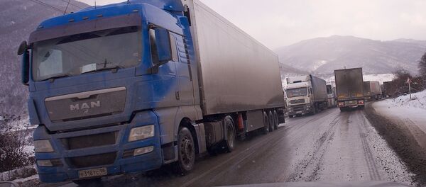 Грузовые фуры образовали очередь на дороге, ведущей из Грузии в Россию - Sputnik Армения