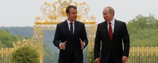 Президенты России и Франции Владимир Путин и Эммануэль Макрон во время встречи в Версальском дворце (29 мая 2017). Париж - Sputnik Արմենիա